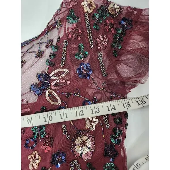 Gianni Bini Women's Wendy Burgundy Sequin Mesh Embroidered Floral Dress, Size 0 - Picture 9 of 14